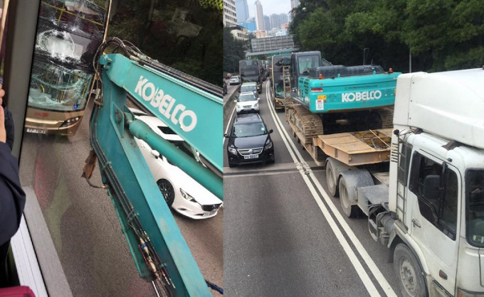 巴士駛至荃灣路時，直撞前面一輛貨櫃車拖架運載的吊臂。網民Peace Kam‎