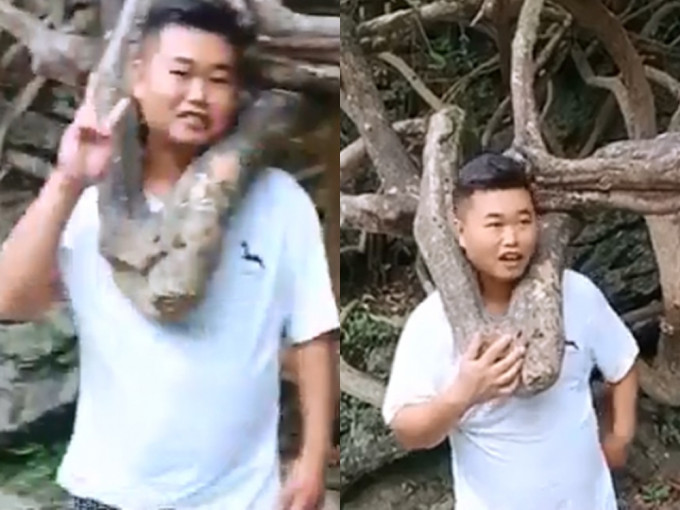 贵州男游客将头塞进一树洞自拍，却因此受困。影片截图