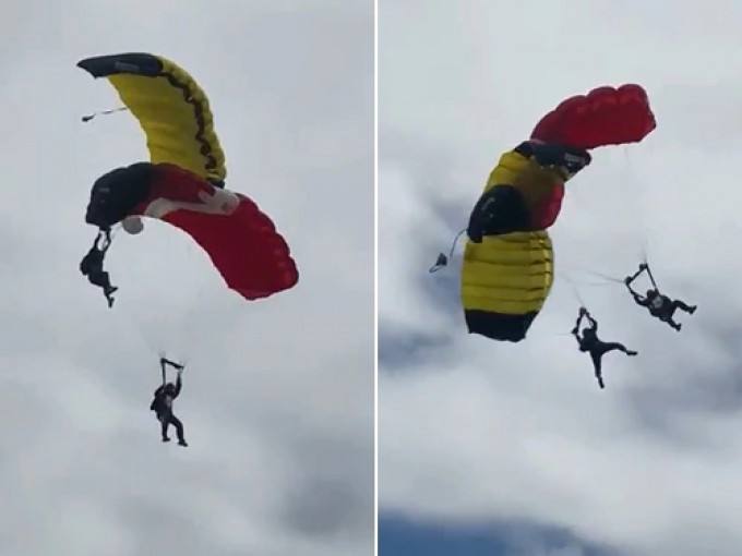 巴西两名伞兵在高空中相撞，导致1死1伤。（片段截图）