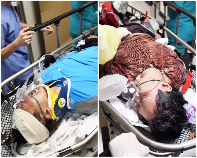 暈倒的69歲婦人（右）。跌傷頭的七旬翁（左）。