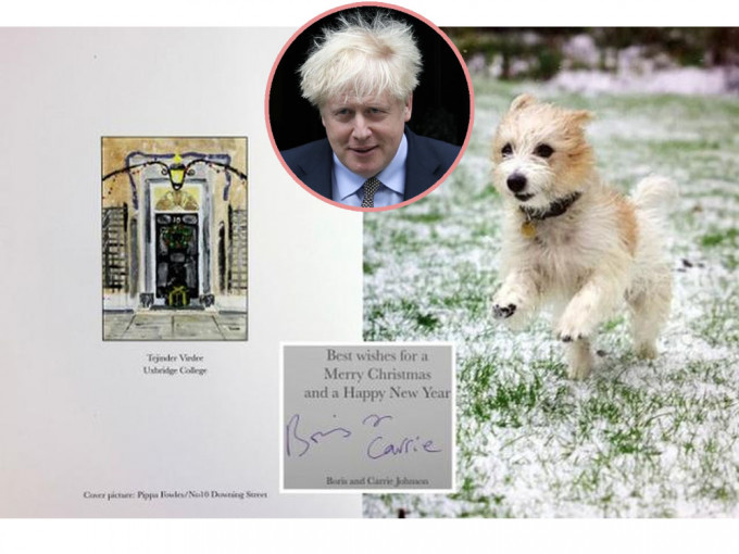 英国首相夫妇发布圣诞卡，网民笑称狗狗发型有约翰逊风采。