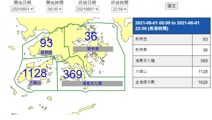 香港境内云对地闪电次数分布。天文台