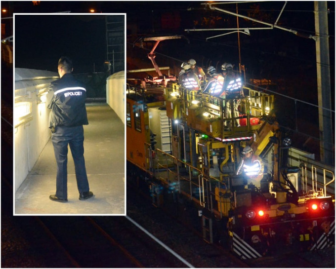 港铁人员通宵检查及维修电缆。小图为警方派员看守被拆扶手铁栏的行人天桥。
