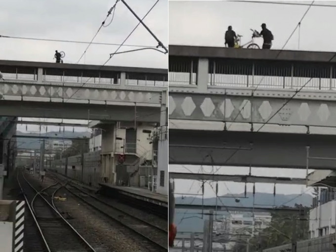 黑衣人上水站天橋擲單車堵路軌。影片截圖