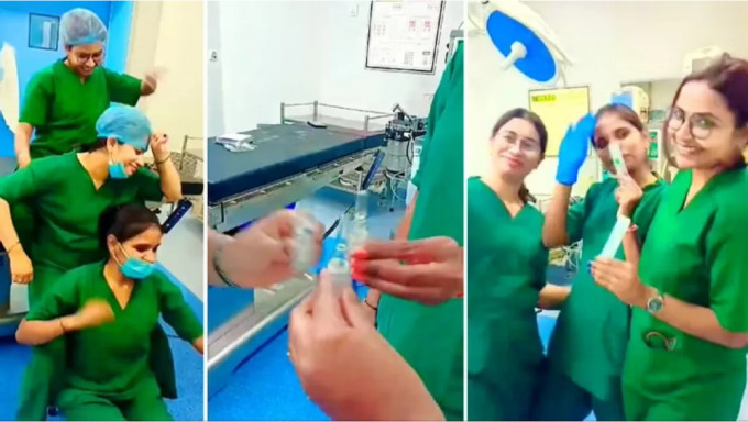 印度3女护士手术室内拍跳舞影片，发布社交媒体后被疯传，最终遭院方解雇。 网片截图
