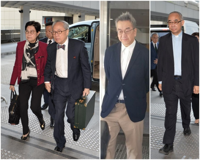 作家陶傑離開法院；天主教香港教區副主教陳志明神父（左一）到庭。黃顯晴攝