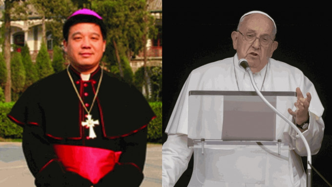 新任命的杭州教区主教杨永强（左）与教宗方济各（右）。（网络图片，美联社）
