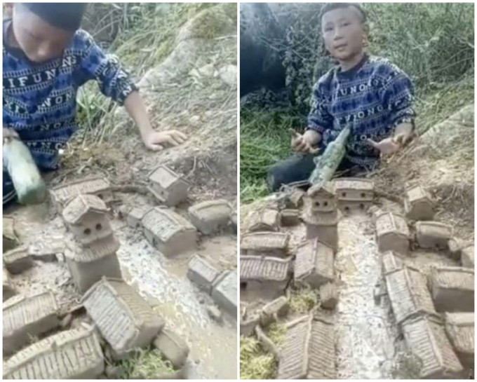 男童用泥浆造出了一栋栋精致的房子，还有河道和城门。网图