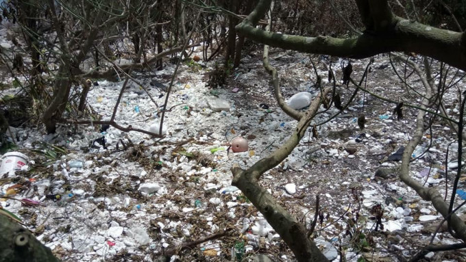 東龍島上多個海岸及近海營地均遍佈湧浪帶來的發泡膠碎屑及海洋垃圾。fb專頁「浪行山野  Hiking Wave」
