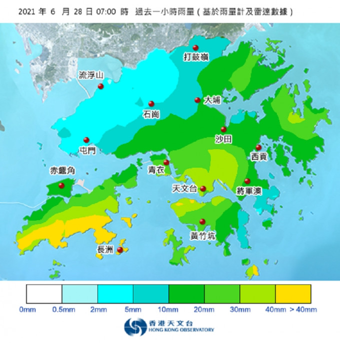 上午7时的过去一小时本港雨量分布。天文台
