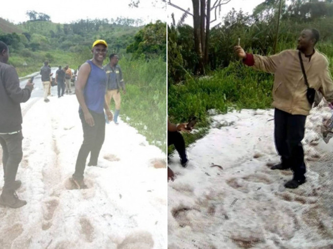 喀麦隆落雪，民众穿短袖开心玩雪。