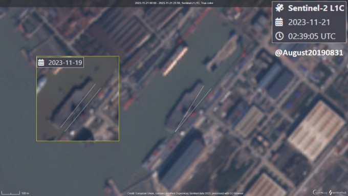 卫星图对比显示，「福建舰」已被推离码头。