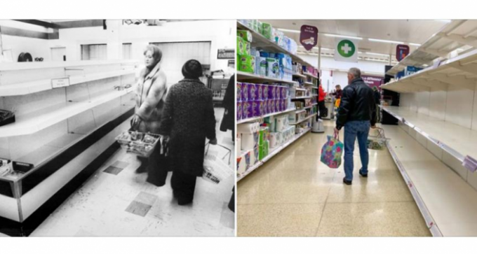 1971年1月英国市场商品短缺（左）以及2021年3月英国市场商品短缺（右） 。