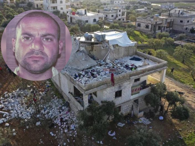 IS首脑哈希米（圆图）藏身的叙利亚边境楼房，在美军进攻后变成废墟。
