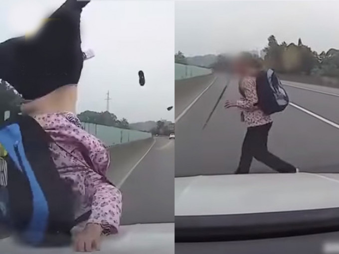 老妇横过高速公路，被来车撞飞。（网图）