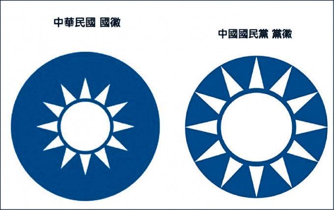 ■「中華民國」國徽和國民黨黨徽。