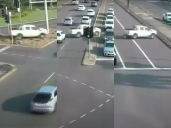 澳洲达尔文一辆私家车失控冲越八线，幸没酿成严重意外。影片截图