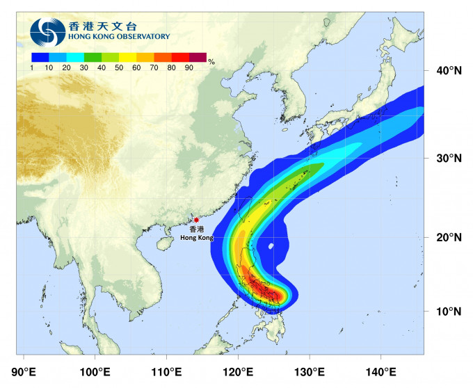 「彩云」较大机会在台湾以南转向远离，并消散成低压区。热带气旋路径概率预报
