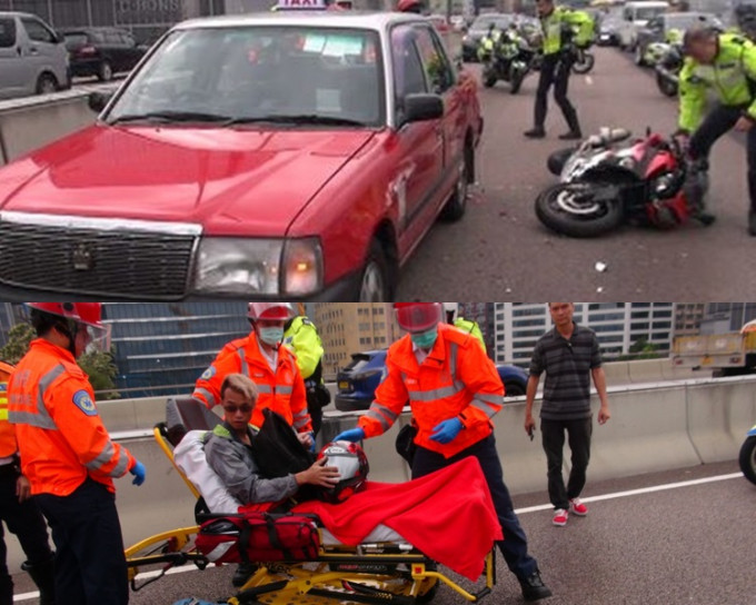 一輛電單車觀塘繞道與的士碰撞，電單車司機腳部受傷。