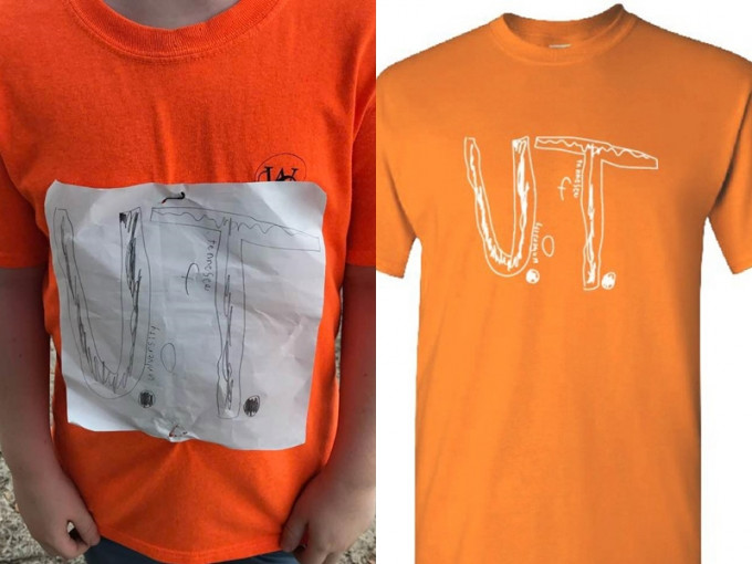 田纳西大学得知后，将该名小学男生的「设计」制作成官方T恤。　Laura Snyder FB图片/网图