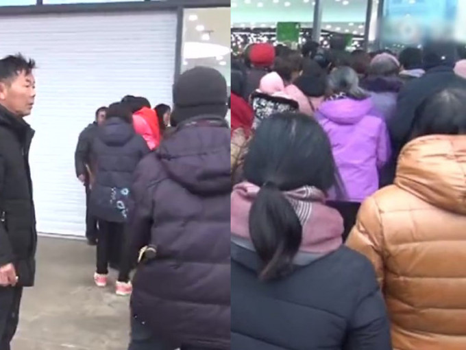 排隊的群眾將超市門口塞到水洩不通（右）；因人太多數分鐘後，超市決定落閘（左）。（網圖）