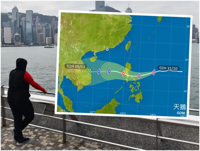 超強颱風「天鵝」預料向西南偏西移動，時速約18公里，大致移向呂宋。小圖為天文台截圖
