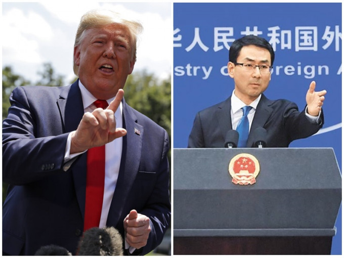 特朗普（左）威胁加徵关税，耿爽（右）称吓不倒中国人。AP/新华社