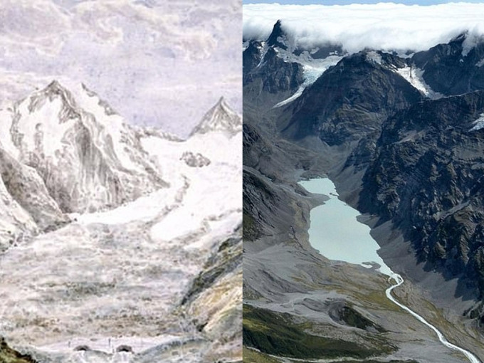 紐西蘭的南阿爾卑斯山，圖左為1866年南阿爾卑斯山的萊爾冰河繪圖，圖右為2018年的萊爾冰川。（網圖）
