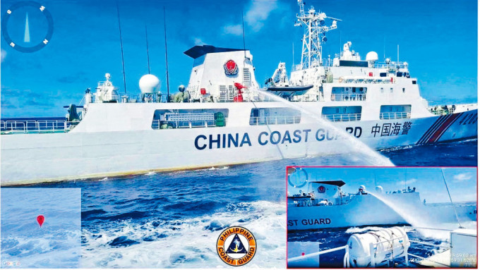 中國海警船射水炮攔截菲巡邏船。