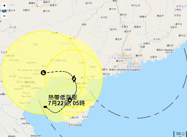 熱帶低氣壓於北部灣及海南島西部沿岸一帶徘徊，對本港未有直接威脅。天文台截圖