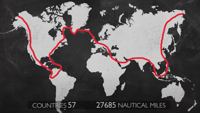 拉瑟福德計劃用3個月單獨飛越五大洲共52個國家，相中為她的飛行路線圖。Youtube截圖