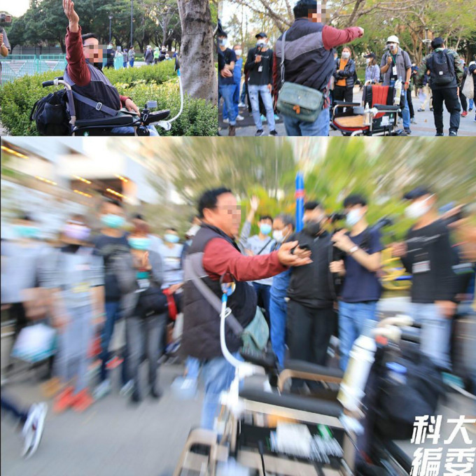 輪椅老翁突然站起身向人群對罵。科技大學學生會編委會圖片
