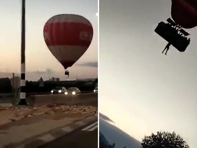 有駕駛者拍攝到熱氣球升空時，有人吊掛在底下。網圖