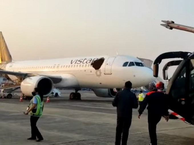 印度客机遭蜂群「攻击」，机身看似破了个大黑洞。（youtube截图）