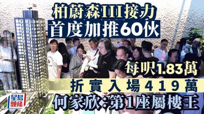 柏蔚森III首度加推60伙 每呎1.83萬 折實入場419萬 何家欣：第1座屬「樓王」