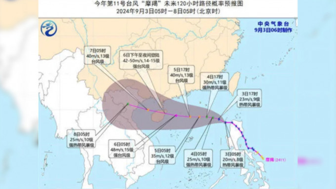 中央气象台预计「摩羯」周五或于海南至广西一带登陆。