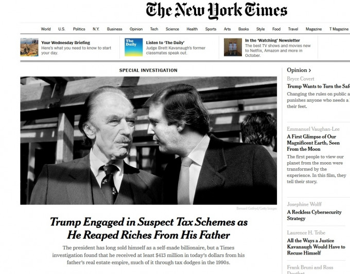 《纽约时报》报道，美国总统特朗普在90年代协助父亲逃税，接收估计4亿多美元。(网图)