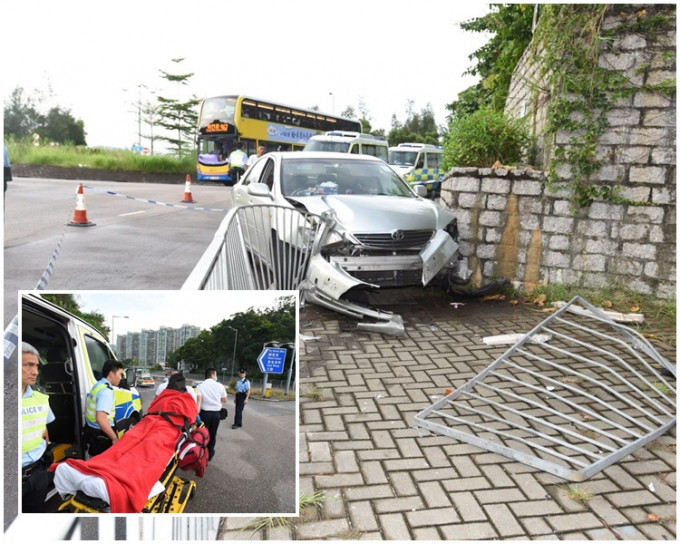 私家車撞欄後停下，小圖為司機報稱不適送院。 丁志雄攝