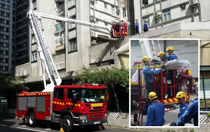 消防员需架起云梯进行救援，惟堕楼男子已经死亡。