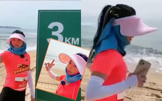 日前张栢芝肚凸凸参加在三亚举行的马拉松沙滩跑足5公里，片中见栢芝得返条水桶腰。