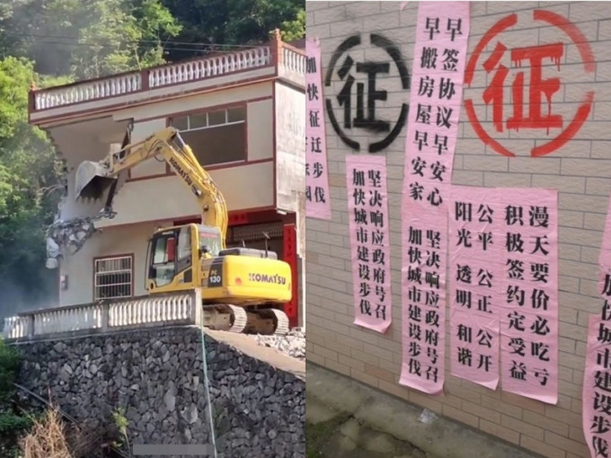 網民貼出村里號召拆遷的條幅及拆房照片。網圖