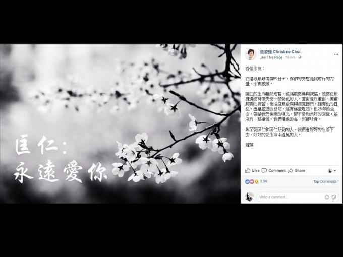 蔡若蓮在fb貼文感謝朋友的安慰。