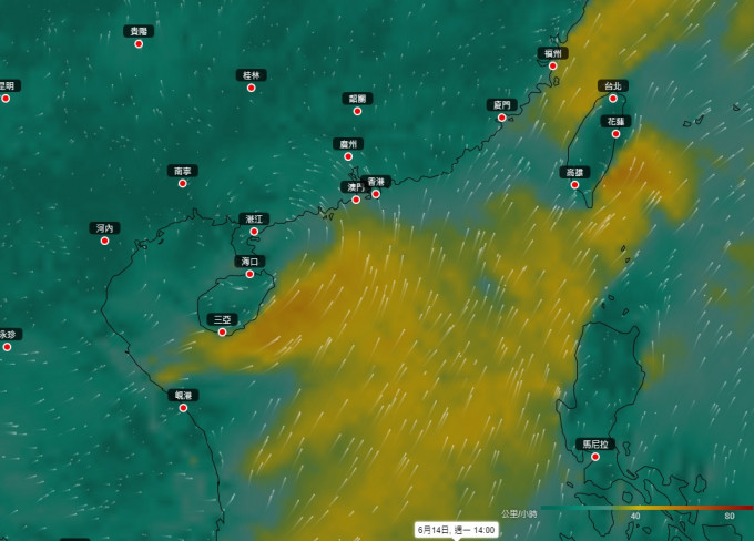 电脑预报显示一个低压区会靠近南海西北部及海南岛。天文台「地球天气」网站