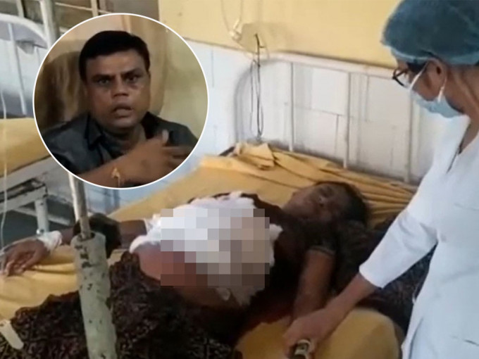 印度男子潘納爾（白圈）拿利器剖妻孕肚檢查胎兒性別。（youtube截圖）