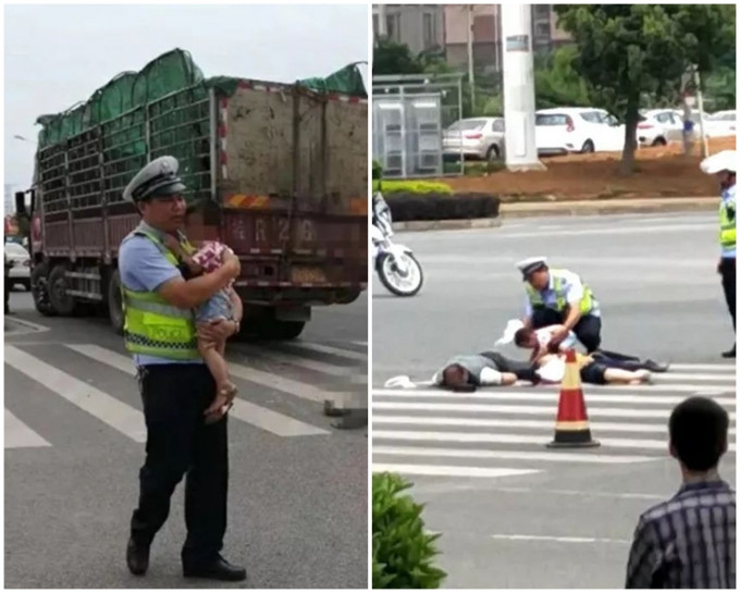 民警韋志文從地上試圖抱起男童時，男童卻想撲向自己的雙親。網圖