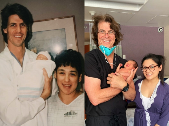 兒子與媽媽由同一位醫生接生，25年後再拍下同款照片留念。(網圖)