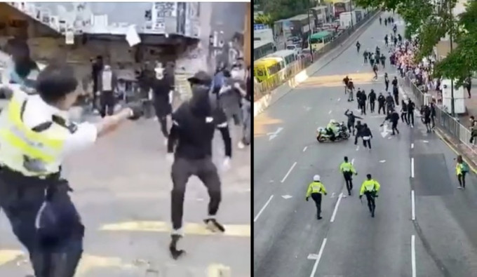 民主党谴责警方在西湾河开枪（左）和葵芳以电单车冲入人群（右）。网图