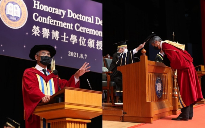 周润发在香港浸会大学今日举行荣誉博士学位颁授典礼上，获颁荣誉人文博士学位。