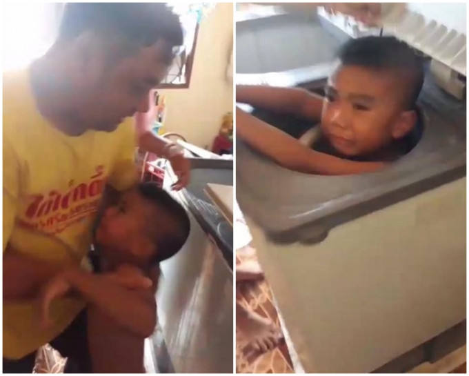 男童爬入家中的頂揭式洗衣機玩耍，結果被囷。網圖