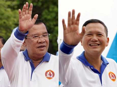 柬埔寨首相洪森（左）交棒给长子洪马内。路透社